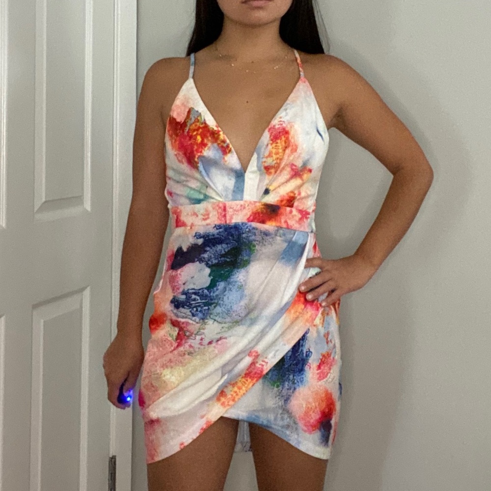 LF Multicolor Marbled Wrap Mini Dress